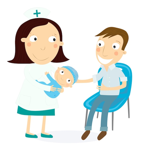 Nurse holding baby handing it to the father vector illustration