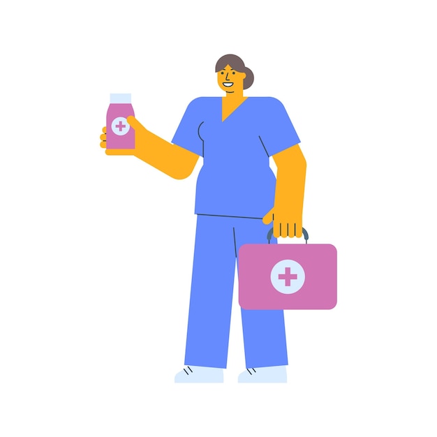 Nurse holding bottle with pills and holding suitcase