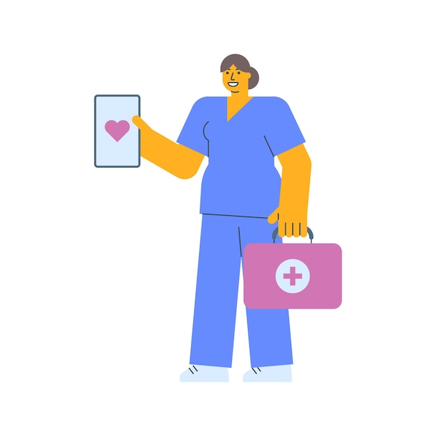 Медсестра с планшетом с картинкой сердца и чемоданом