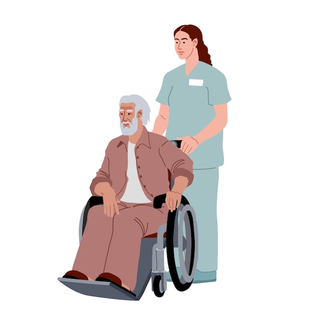 Vector a nurse is wheeling an old man in a wheelchair. a smiling pensioner in the hospital.