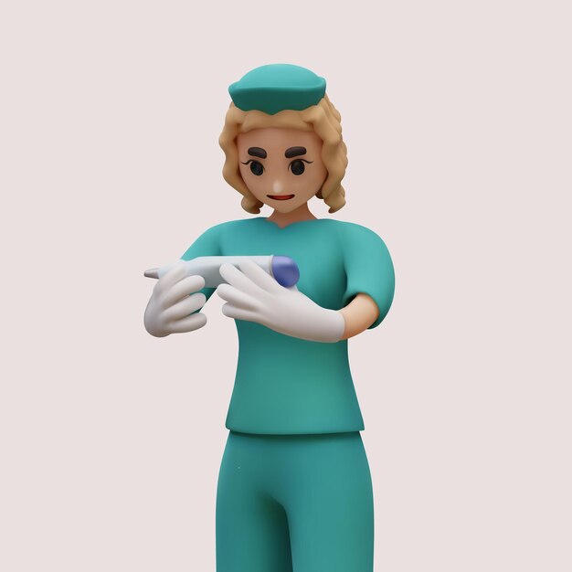 Vector nurse looks carefully at electronic thermometer in her hands