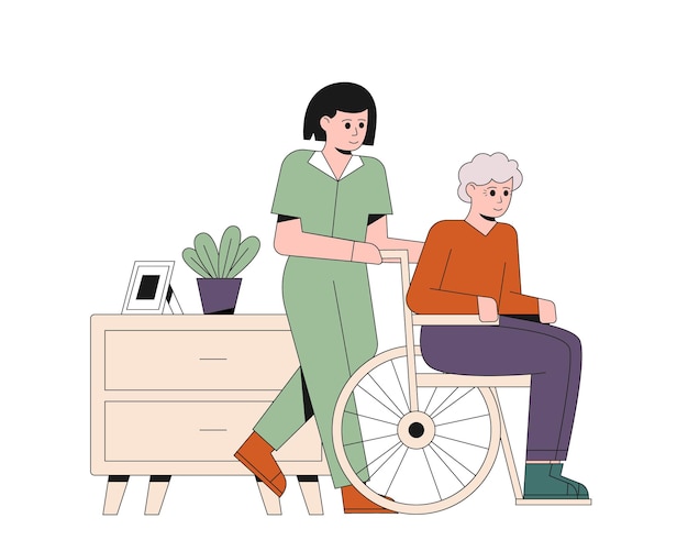 nurse in medical clothes nurse carrying man in wheelchair