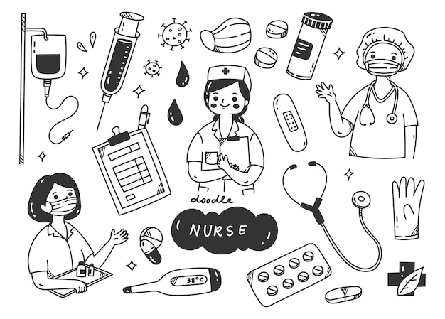 Nurse and medical kits doodle