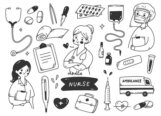 Nurse and medical kits doodle