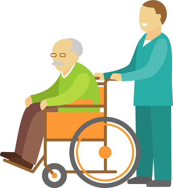 Vector nurse medical staff and elderly man on wheelchair flat style