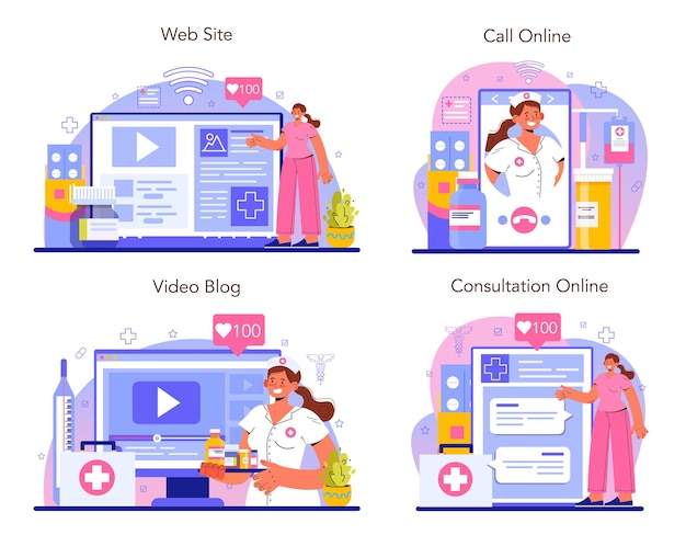 ナースオンラインサービスまたはプラットフォームセット。医療助手、患者の世話をする病院職員。制服を着た医師。オンライン通話、相談、ビデオブログ、ウェブサイト。フラットベクトルイラスト