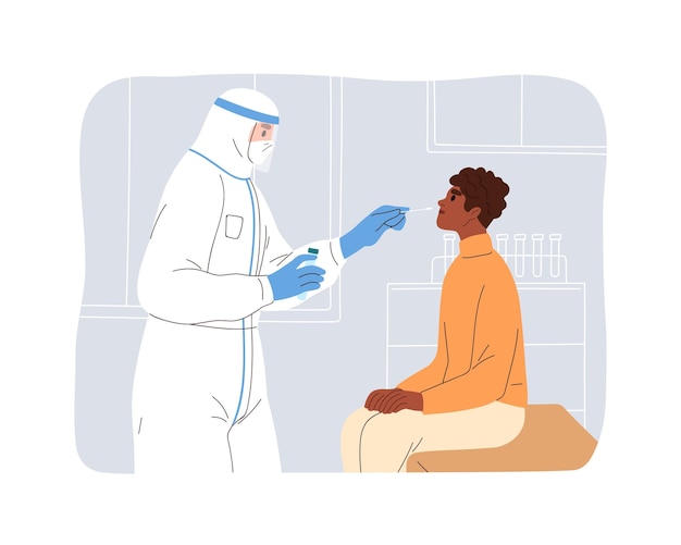 Vector nurse and patient during covid-19 rapid antigen test in clinic, medical laboratory. nasal swab for coronavirus lab research, check. flat graphic vector illustration isolated on white background