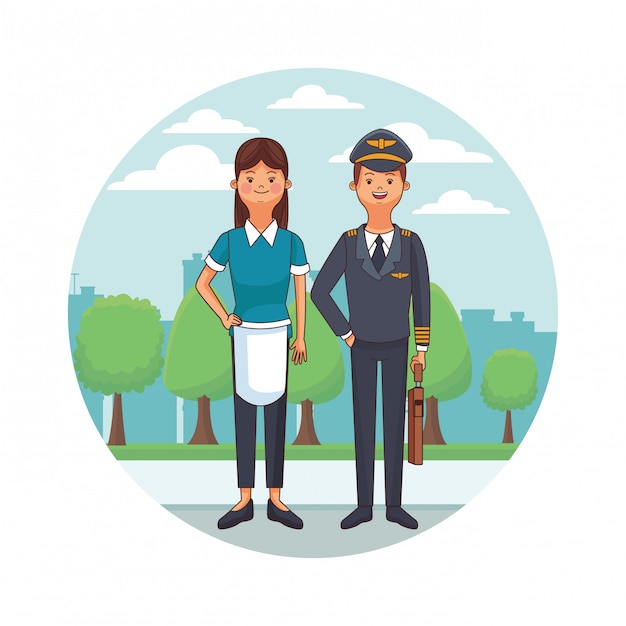 Vector nurse and pilot cityscape round icon