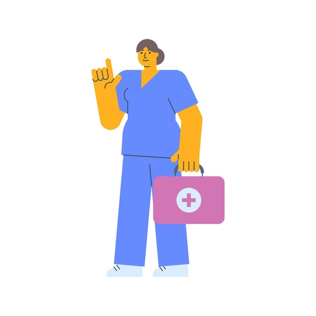 Nurse pointing finger up and holding suitcase