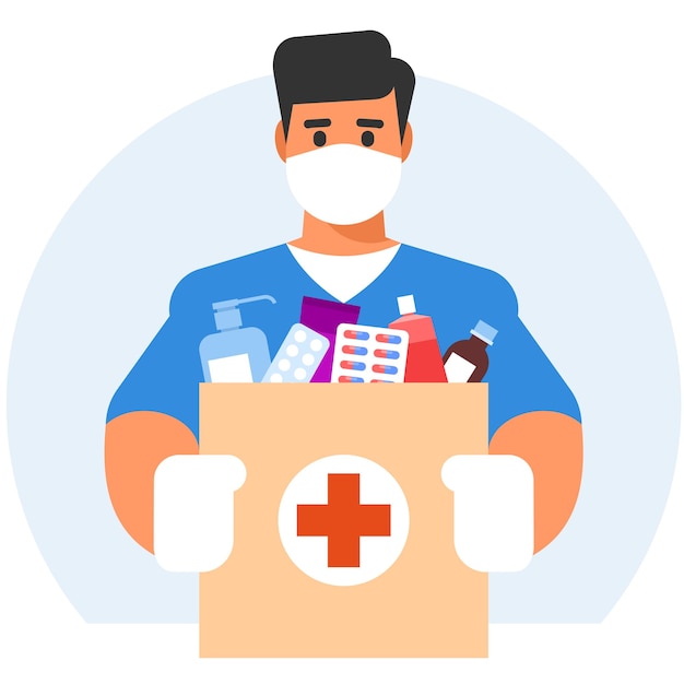 Vector a nurse in a protective mask holds a box of medicines vector graphics