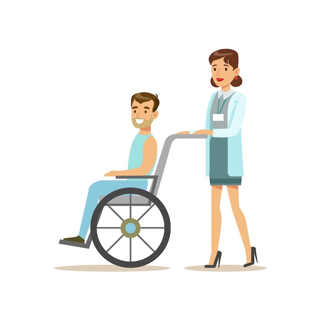 Nurse Rolling A Patient In Wheelchair Hospital And Healthcare Illustration