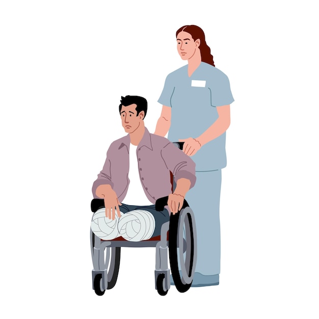 Un'infermiera fa rotolare una sedia a rotelle. un paziente senza gambe riabilitazione dopo l'amputazione.