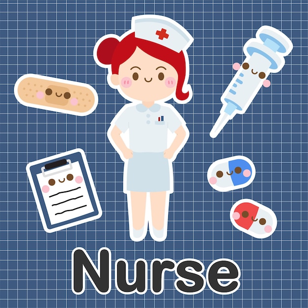 Vector nurse - set of occupation cute kawaii cartoon character