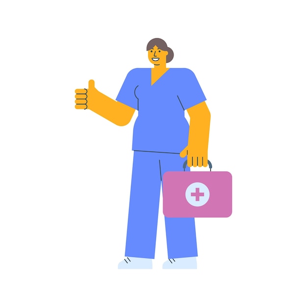 Nurse shows thumbs up and holding suitcase