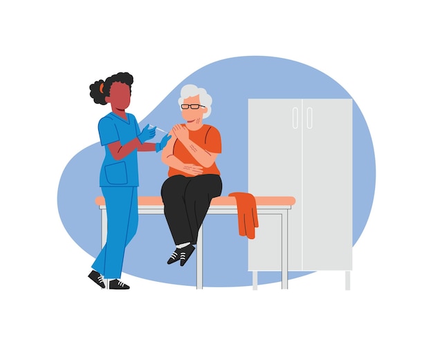 Vector nurse vaccinates an elderly woman using a syringe in illustration in flat style health care concpet