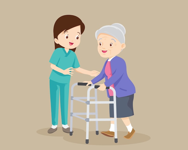 Nurse or volunteer worker taking care of an elderly woman