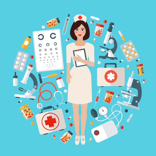 Медсестра с набором медицинских иконок. медицинский материал