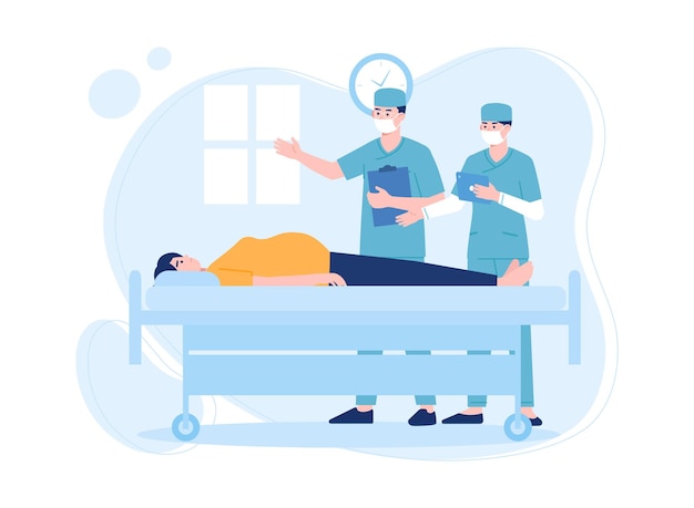 Vector nurse with patient and medical staff in hospital concept flat illustration