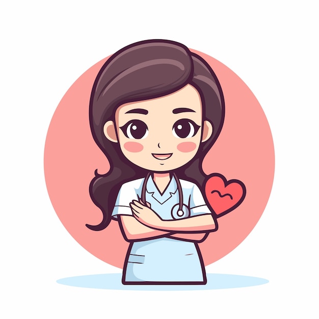 스테토스코프와 심장을 가진 간호사 만화 캐릭터 터 일러스트레이션
