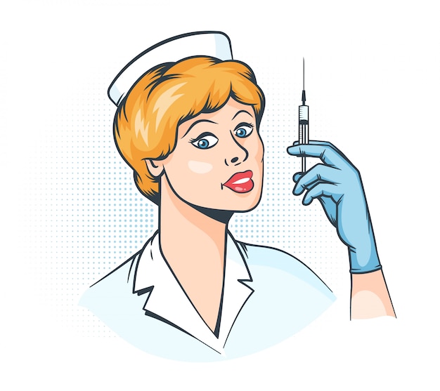 看護師の注射器を手に-ポップアートのレトロなイラスト