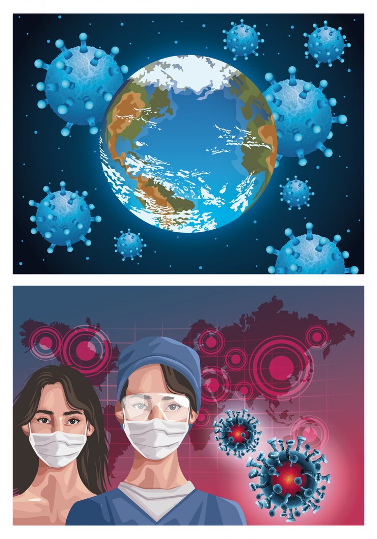 वेक्टर nurse and woman using fase mask with continents maps , protection