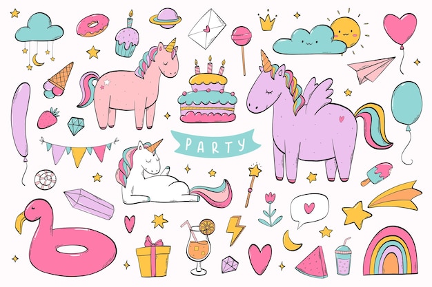 Vector nursery birthday party doodles cartoon collection clip art