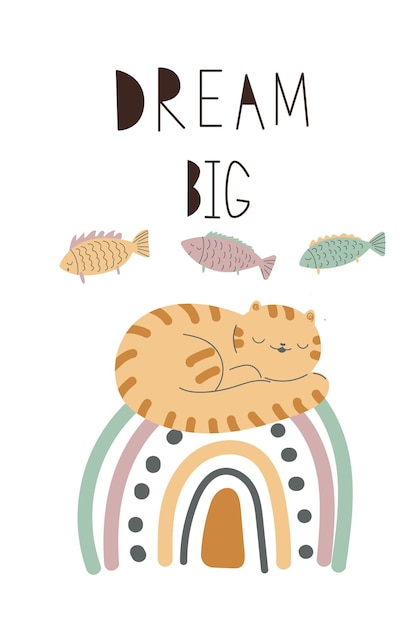 Nursery boho rainbow cat poster cute baby animal greeting card sleeping cat with fish