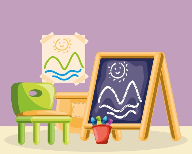 Nursery chair chalkboard crayons drawing