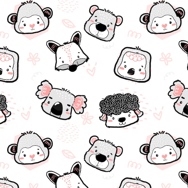 Nursery cute wild animal heads outline drawing seamless pattern