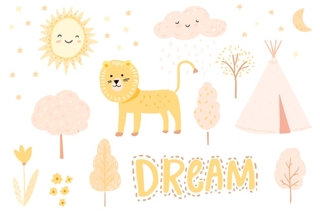 Nursery illustrations set cute lion trees and sun cloud moon simple scandinavian gender neutral