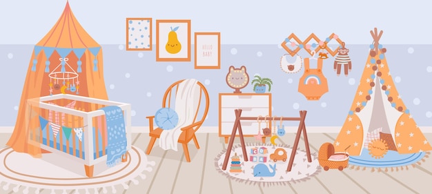 벡터 어린이집 인테리어. 유아용 침대, 안락 의자, 카펫, 장난감 및 wigwam이 있는 아기 방. 가구와 장식 벡터 장면이 있는 만화 어린이 침실