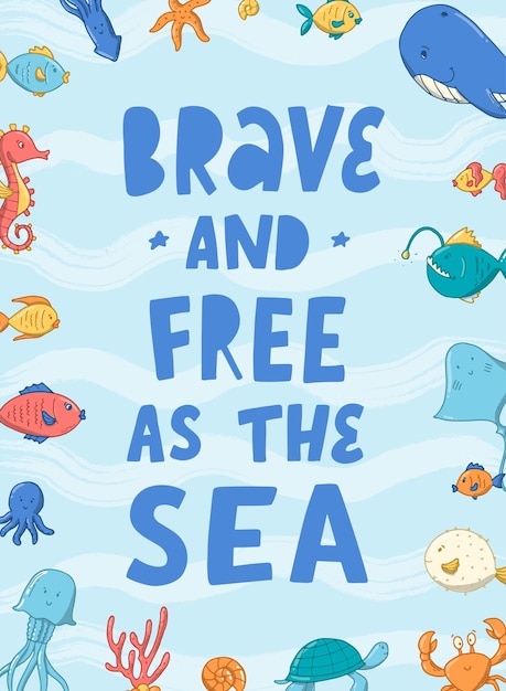Вектор Детский морской плакат с каракулями и цитатой