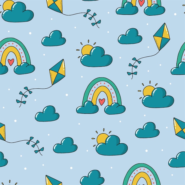 Vector nursery seamelss pattern with clouds kites and rainbows