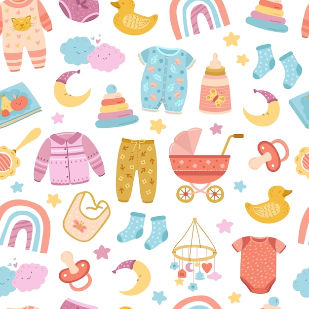 Nursery seamless pattern Abstract rainbow stars moon and simple bright kids elements Cloth multicolor print cute cloud exact vector texture