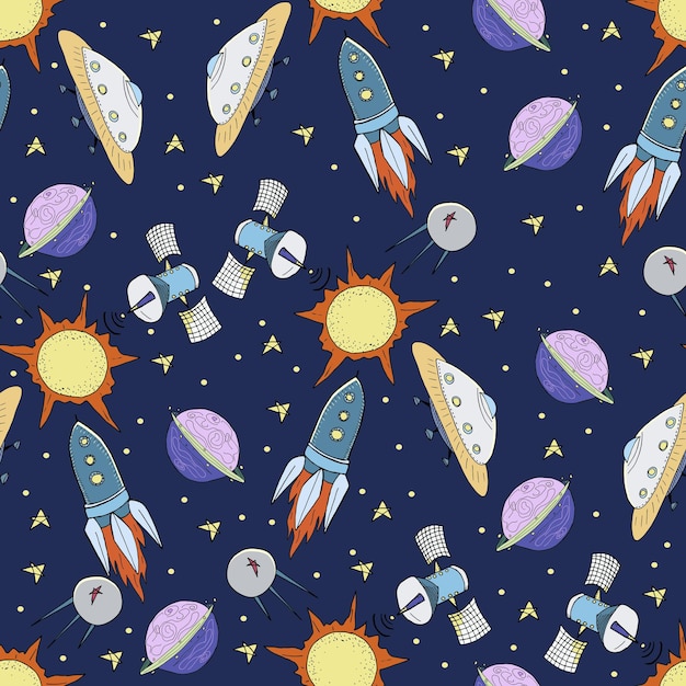 Vector nursery seamless pattern hand drawn solar system stars planets spaceships rockets