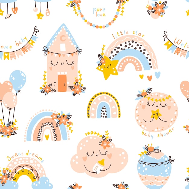 Vector nursery seamless pattern with rainbows planets clouds vector background with cute baby shower