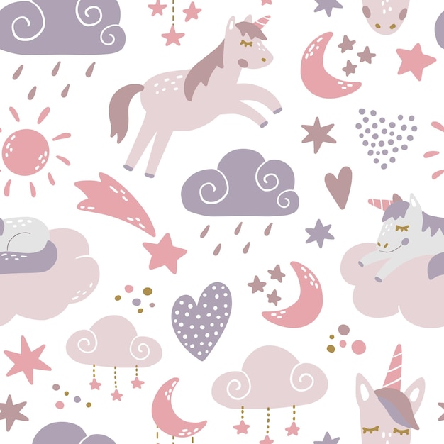 Nursery seamless pattern with unicorns and clouds