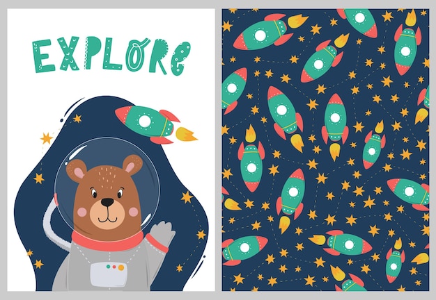 Nursery set with bear astronaut and pattern