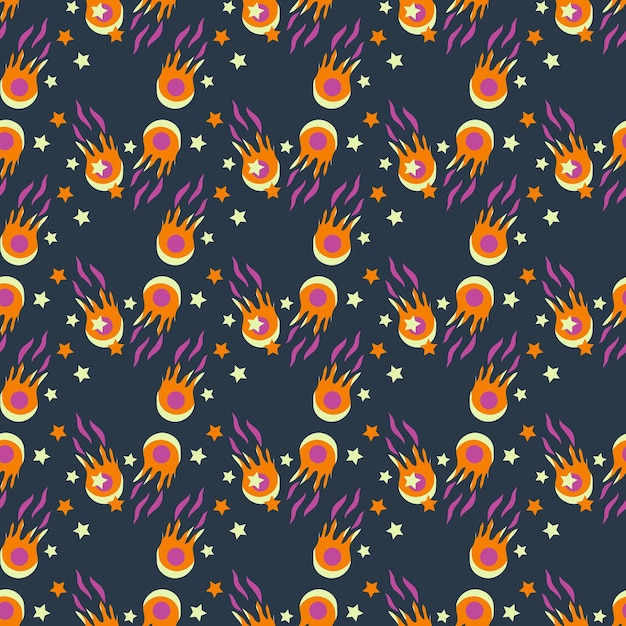 Vector nursery vector seamess pattern with baby dinosaurs palm trees volcanic meteorites and stars