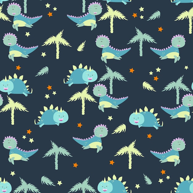 Nursery vector seamess pattern with baby dinosaurs palm trees volcanic meteorites and stars