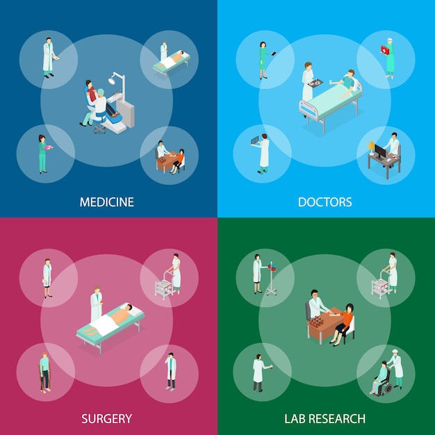 Медсестры, посещающие пациентов, набор баннеров изометрического вида. Персонал лечебной клиники и больная концепция здравоохранения. Векторная иллюстрация профессионального визита