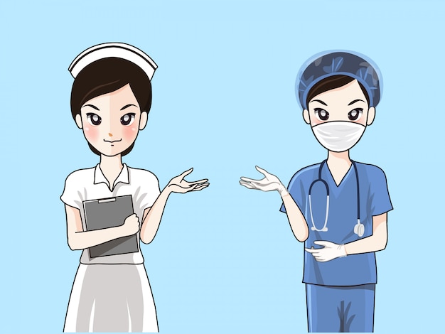 Vector nurses in formal uniform and surgical dresses.