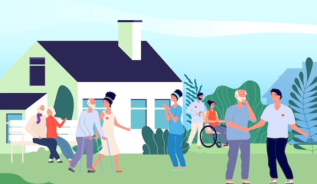 Nursing home. Elderly people walking backyard with volunteers and nurse. Pension house in suburb landscape. Happy old woman man outdoor vector illustration. People elderly, nursing aged woman and man