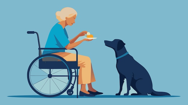 Vettore in una casa di riposo una vecchia residente si siede nella sua sedia a rotelle il suo fedele cane da servizio al suo fianco come