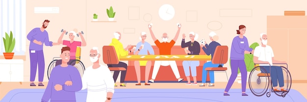 Nursing home rest Smiling grandparents on pension socializing in sanatorium residence for aged people nurse or caregiver with retirement senior vector illustration of nursing home for grandparents