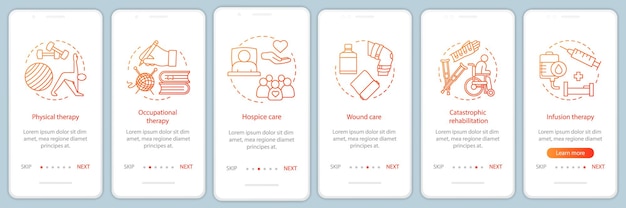 看護サービスオンボーディングモバイルアプリページ画面ベクトルテンプレート。リハビリテーション治療のウォークスルーウェブサイトの手順。理学療法、創傷ケア、ホスピス。 UX、UI、GUIスマートフォンインターフェースの概念