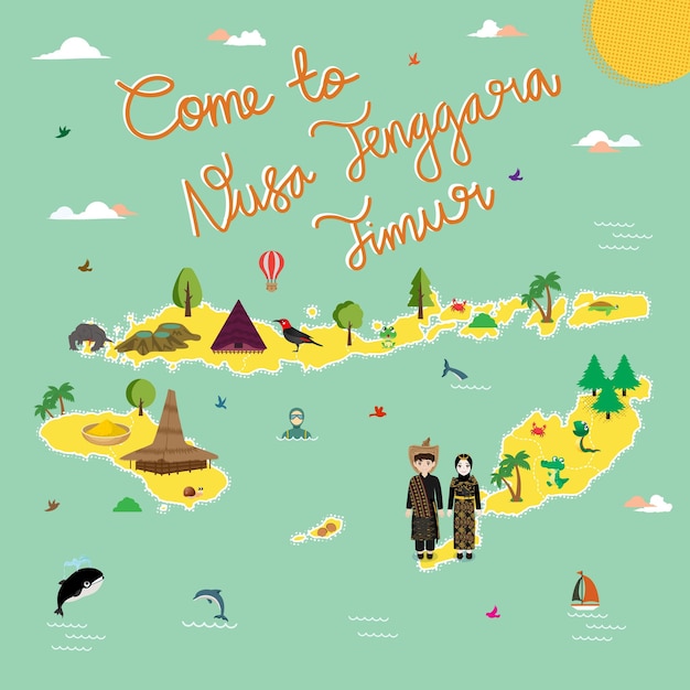 Vector nusa tenggara timur indonesia tourism map vector illustration with animals and landmarks