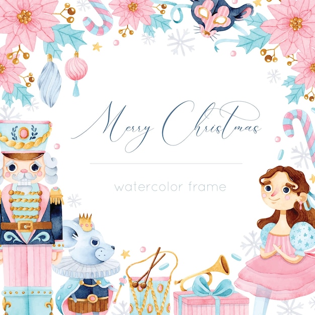 Vector nutcracker, mouse king and ballet dancer floral watercolor frame for greeting card and invitation