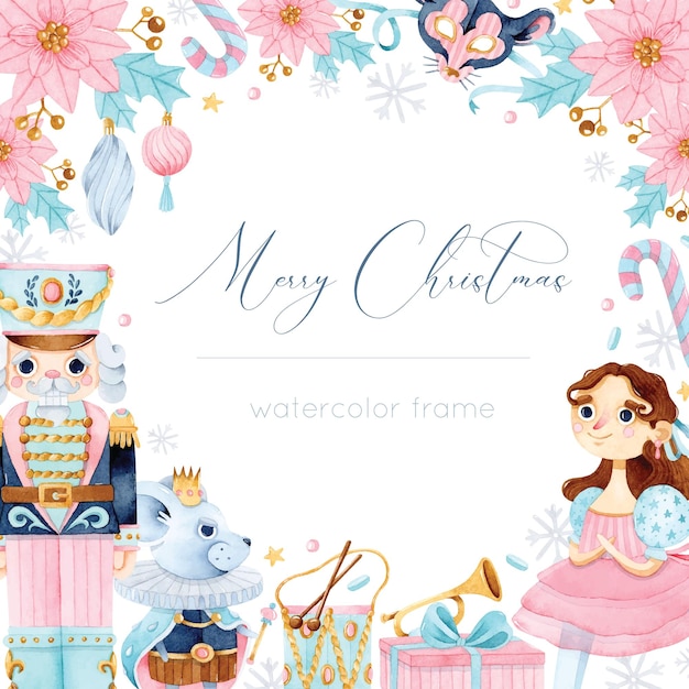 Nutcracker, Mouse King And Ballet Dancer Floral Watercolor Frame For Greeting Card And Invitation