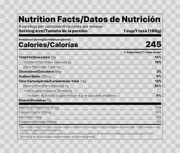 Vector nutrition facts label food information with daily value data table ingredients bilingual label